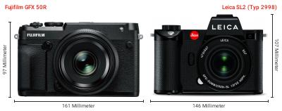 Größenvergleich: Fujifilm GFX 50R vs. Leica SL2 (Typ 2998) Größenvergleich: Fujifilm GFX 50R vs. Leica SL2 (Typ 2998)