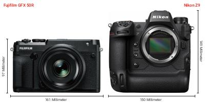 Größenvergleich: Fujifilm GFX 50R vs. Nikon Z9 Größenvergleich: Fujifilm GFX 50R vs. Nikon Z9