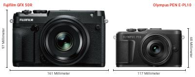Größenvergleich: Fujifilm GFX 50R vs. OM System PEN E-PL10