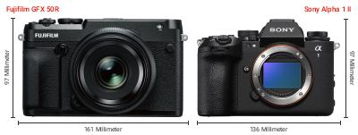 Größenvergleich: Fujifilm GFX 50R vs. Sony Alpha 1 II