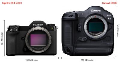 Größenvergleich: Fujifilm GFX 50S II vs. Canon EOS R3 Größenvergleich: Fujifilm GFX 50S II vs. Canon EOS R3