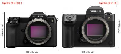 Größenvergleich: Fujifilm GFX 50S II vs. Fujifilm GFX100 II Größenvergleich: Fujifilm GFX 50S II vs. Fujifilm GFX100 II