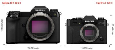 Größenvergleich: Fujifilm GFX 50S II vs. Fujifilm X-T30 II Größenvergleich: Fujifilm GFX 50S II vs. Fujifilm X-T30 II