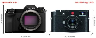 Größenvergleich: Fujifilm GFX 50S II vs. Leica M11 (Typ 2416) Größenvergleich: Fujifilm GFX 50S II vs. Leica M11 (Typ 2416)