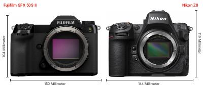 Größenvergleich: Fujifilm GFX 50S II vs. Nikon Z8 Größenvergleich: Fujifilm GFX 50S II vs. Nikon Z8