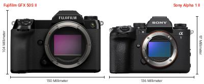 Größenvergleich: Fujifilm GFX 50S II vs. Sony Alpha 1 II Größenvergleich: Fujifilm GFX 50S II vs. Sony Alpha 1 II
