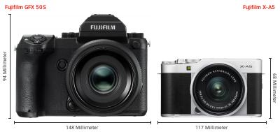 Größenvergleich: Fujifilm GFX 50S vs. Fujifilm X-A5 Größenvergleich: Fujifilm GFX 50S vs. Fujifilm X-A5