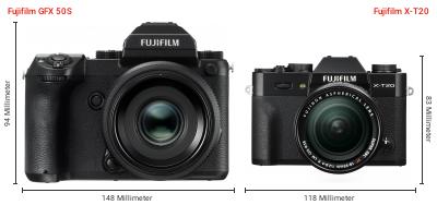 Größenvergleich: Fujifilm GFX 50S vs. Fujifilm X-T20 Größenvergleich: Fujifilm GFX 50S vs. Fujifilm X-T20