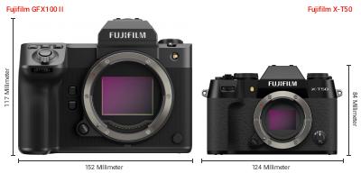 Größenvergleich: Fujifilm GFX100 II vs. Fujifilm X-T50 Größenvergleich: Fujifilm GFX100 II vs. Fujifilm X-T50
