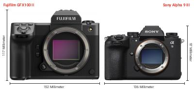 Größenvergleich: Fujifilm GFX100 II vs. Sony Alpha 9 III Größenvergleich: Fujifilm GFX100 II vs. Sony Alpha 9 III