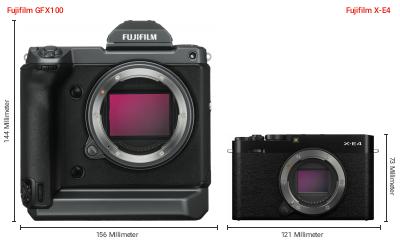 Größenvergleich: Fujifilm GFX100 vs. Fujifilm X-E4 Größenvergleich: Fujifilm GFX100 vs. Fujifilm X-E4