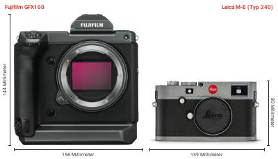 Größenvergleich: Fujifilm GFX100 vs. Leica M-E (Typ 240) Größenvergleich: Fujifilm GFX100 vs. Leica M-E (Typ 240)