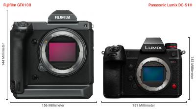 Größenvergleich: Fujifilm GFX100 vs. Panasonic Lumix DC-S1H Größenvergleich: Fujifilm GFX100 vs. Panasonic Lumix DC-S1H