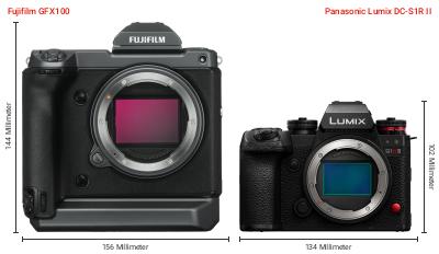 Größenvergleich: Fujifilm GFX100 vs. Panasonic Lumix DC-S1R II Größenvergleich: Fujifilm GFX100 vs. Panasonic Lumix DC-S1R II