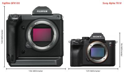 Größenvergleich: Fujifilm GFX100 vs. Sony Alpha 7R IV Größenvergleich: Fujifilm GFX100 vs. Sony Alpha 7R IV