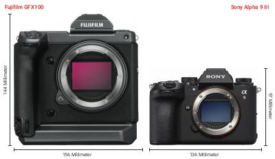 Größenvergleich: Fujifilm GFX100 vs. Sony Alpha 9 III Größenvergleich: Fujifilm GFX100 vs. Sony Alpha 9 III