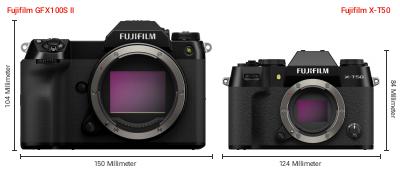 Größenvergleich: Fujifilm GFX100S II vs. Fujifilm X-T50 Größenvergleich: Fujifilm GFX100S II vs. Fujifilm X-T50