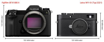 Größenvergleich: Fujifilm GFX100S II vs. Leica M11-D (Typ 2221) Größenvergleich: Fujifilm GFX100S II vs. Leica M11-D (Typ 2221)