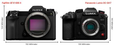 Größenvergleich: Fujifilm GFX100S II vs. Panasonic Lumix DC-GH7 Größenvergleich: Fujifilm GFX100S II vs. Panasonic Lumix DC-GH7