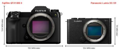 Größenvergleich: Fujifilm GFX100S II vs. Panasonic Lumix DC-S9 Größenvergleich: Fujifilm GFX100S II vs. Panasonic Lumix DC-S9