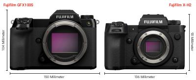 Größenvergleich: Fujifilm GFX100S vs. Fujifilm X-H2 Größenvergleich: Fujifilm GFX100S vs. Fujifilm X-H2