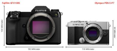 Größenvergleich: Fujifilm GFX100S vs. OM System PEN E-P7 Größenvergleich: Fujifilm GFX100S vs. OM System PEN E-P7