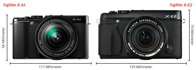 Größenvergleich: Fujifilm X-A1 vs. Fujifilm X-E2 Größenvergleich: Fujifilm X-A1 vs. Fujifilm X-E2
