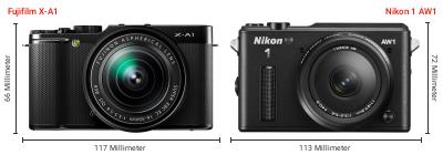 Größenvergleich: Fujifilm X-A1 vs. Nikon 1 AW1 Größenvergleich: Fujifilm X-A1 vs. Nikon 1 AW1