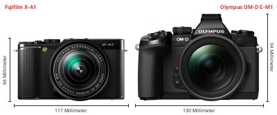 Größenvergleich: Fujifilm X-A1 vs. OM System OM-D E-M1 Größenvergleich: Fujifilm X-A1 vs. OM System OM-D E-M1
