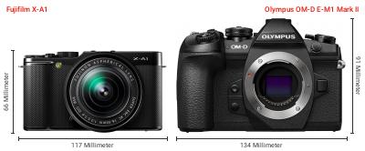 Größenvergleich: Fujifilm X-A1 vs. OM System OM-D E-M1 Mark II