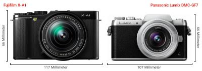 Größenvergleich: Fujifilm X-A1 vs. Panasonic Lumix DMC-GF7 Größenvergleich: Fujifilm X-A1 vs. Panasonic Lumix DMC-GF7