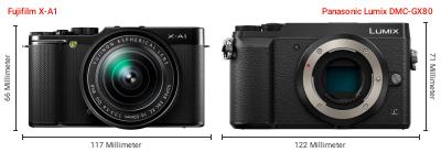 Größenvergleich: Fujifilm X-A1 vs. Panasonic Lumix DMC-GX80 Größenvergleich: Fujifilm X-A1 vs. Panasonic Lumix DMC-GX80