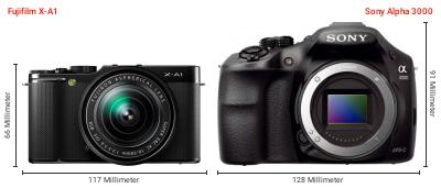 Größenvergleich: Fujifilm X-A1 vs. Sony Alpha 3000 Größenvergleich: Fujifilm X-A1 vs. Sony Alpha 3000