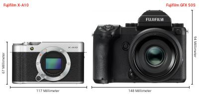 Größenvergleich: Fujifilm X-A10 vs. Fujifilm GFX 50S Größenvergleich: Fujifilm X-A10 vs. Fujifilm GFX 50S