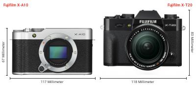 Größenvergleich: Fujifilm X-A10 vs. Fujifilm X-T20 Größenvergleich: Fujifilm X-A10 vs. Fujifilm X-T20