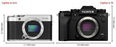 Größenvergleich: Fujifilm X-A10 vs. Fujifilm X-T5 Größenvergleich: Fujifilm X-A10 vs. Fujifilm X-T5