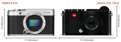 Größenvergleich: Fujifilm X-A10 vs. Leica CL (Typ 7323) Größenvergleich: Fujifilm X-A10 vs. Leica CL (Typ 7323)