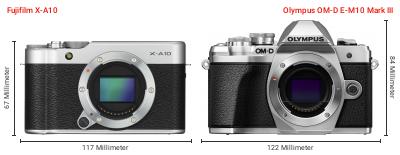 Größenvergleich: Fujifilm X-A10 vs. OM System OM-D E-M10 Mark III Größenvergleich: Fujifilm X-A10 vs. OM System OM-D E-M10 Mark III