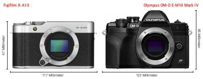 Größenvergleich: Fujifilm X-A10 vs. OM System OM-D E-M10 Mark IV Größenvergleich: Fujifilm X-A10 vs. OM System OM-D E-M10 Mark IV