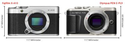 Größenvergleich: Fujifilm X-A10 vs. OM System PEN E-PL9 Größenvergleich: Fujifilm X-A10 vs. OM System PEN E-PL9
