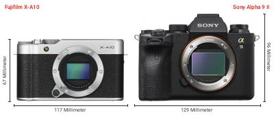 Größenvergleich: Fujifilm X-A10 vs. Sony Alpha 9 II Größenvergleich: Fujifilm X-A10 vs. Sony Alpha 9 II