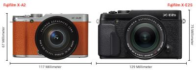 Größenvergleich: Fujifilm X-A2 vs. Fujifilm X-E2S Größenvergleich: Fujifilm X-A2 vs. Fujifilm X-E2S