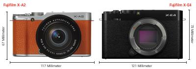 Größenvergleich: Fujifilm X-A2 vs. Fujifilm X-E4 Größenvergleich: Fujifilm X-A2 vs. Fujifilm X-E4