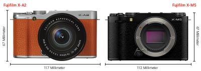 Größenvergleich: Fujifilm X-A2 vs. Fujifilm X-M5 Größenvergleich: Fujifilm X-A2 vs. Fujifilm X-M5
