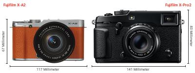 Größenvergleich: Fujifilm X-A2 vs. Fujifilm X-Pro2 Größenvergleich: Fujifilm X-A2 vs. Fujifilm X-Pro2