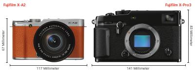 Größenvergleich: Fujifilm X-A2 vs. Fujifilm X-Pro3 Größenvergleich: Fujifilm X-A2 vs. Fujifilm X-Pro3