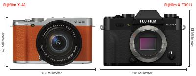 Größenvergleich: Fujifilm X-A2 vs. Fujifilm X-T30 II Größenvergleich: Fujifilm X-A2 vs. Fujifilm X-T30 II