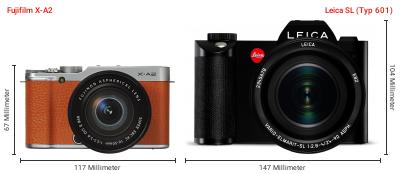 Größenvergleich: Fujifilm X-A2 vs. Leica SL (Typ 601) Größenvergleich: Fujifilm X-A2 vs. Leica SL (Typ 601)