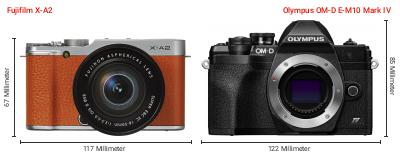 Größenvergleich: Fujifilm X-A2 vs. OM System OM-D E-M10 Mark IV
