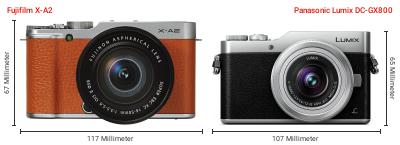 Größenvergleich: Fujifilm X-A2 vs. Panasonic Lumix DC-GX800 Größenvergleich: Fujifilm X-A2 vs. Panasonic Lumix DC-GX800